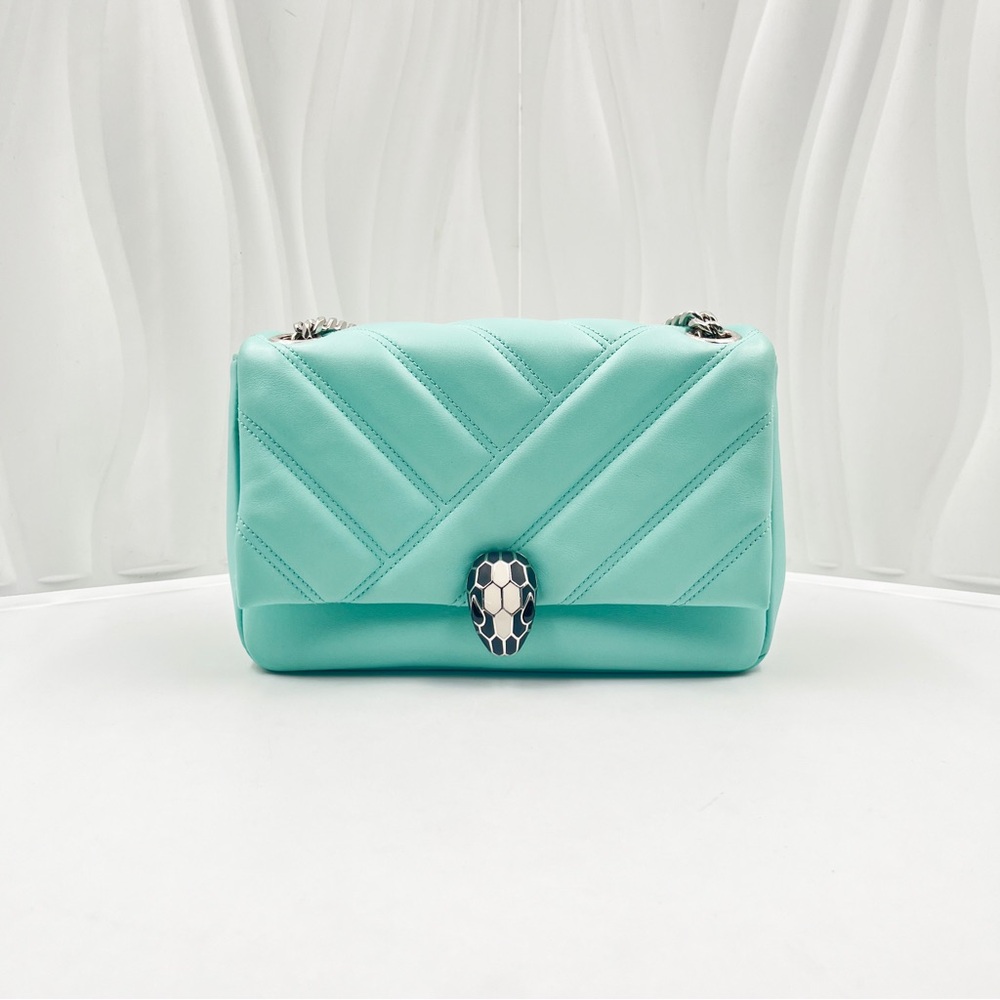 BVLGARI Serpenti Cabochon Crossbody Bag Mint Green Chevron Quilted Lambskin